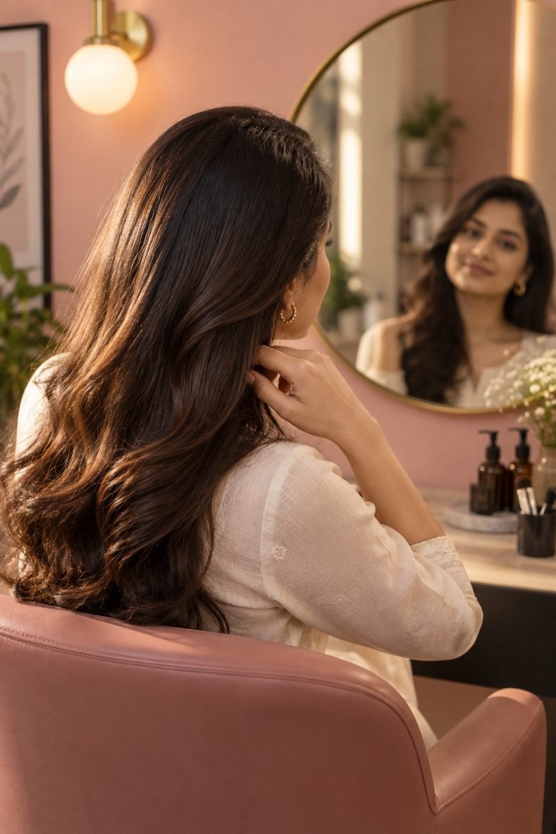 A client seeing her new look at Queen&rsquo;s Touch, Mahalunge